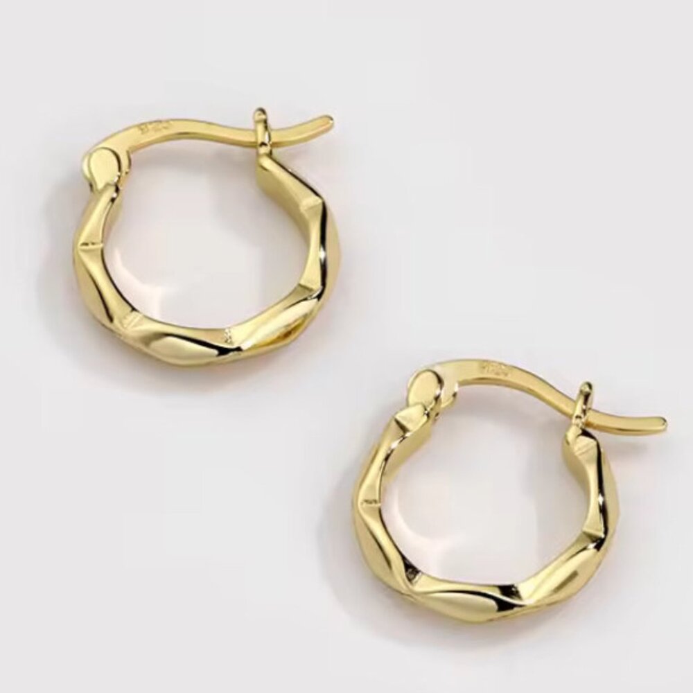 Gold Geometric Hammered Hoop Earrings. 925 Sterling Silver. #1070